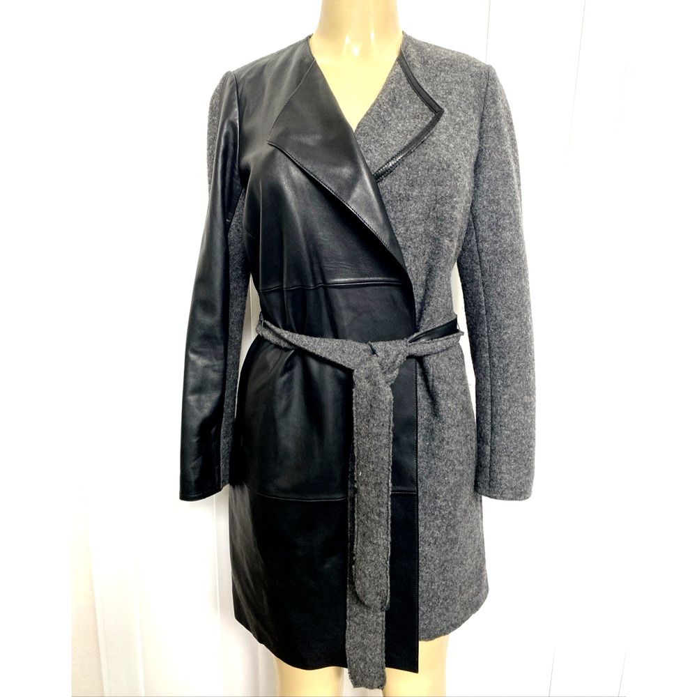 Lafayette 148 Jacket Smoke Coat Gray Black Wool Leather Belted Slip Pock…